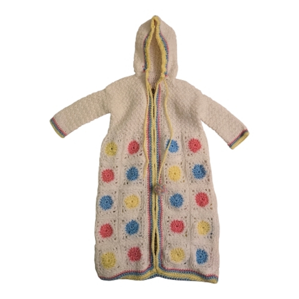 Vintage Handmade Crochet Hooded Granny Square Zip-up Baby Bunting Suit
